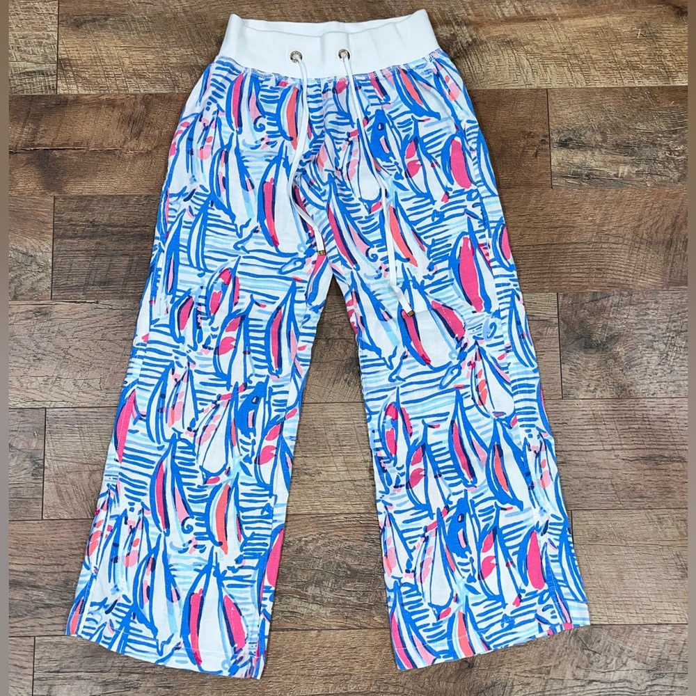 Lilly Pulitzer 100% Linen The Beach Pant in Red Right Return Wide Leg